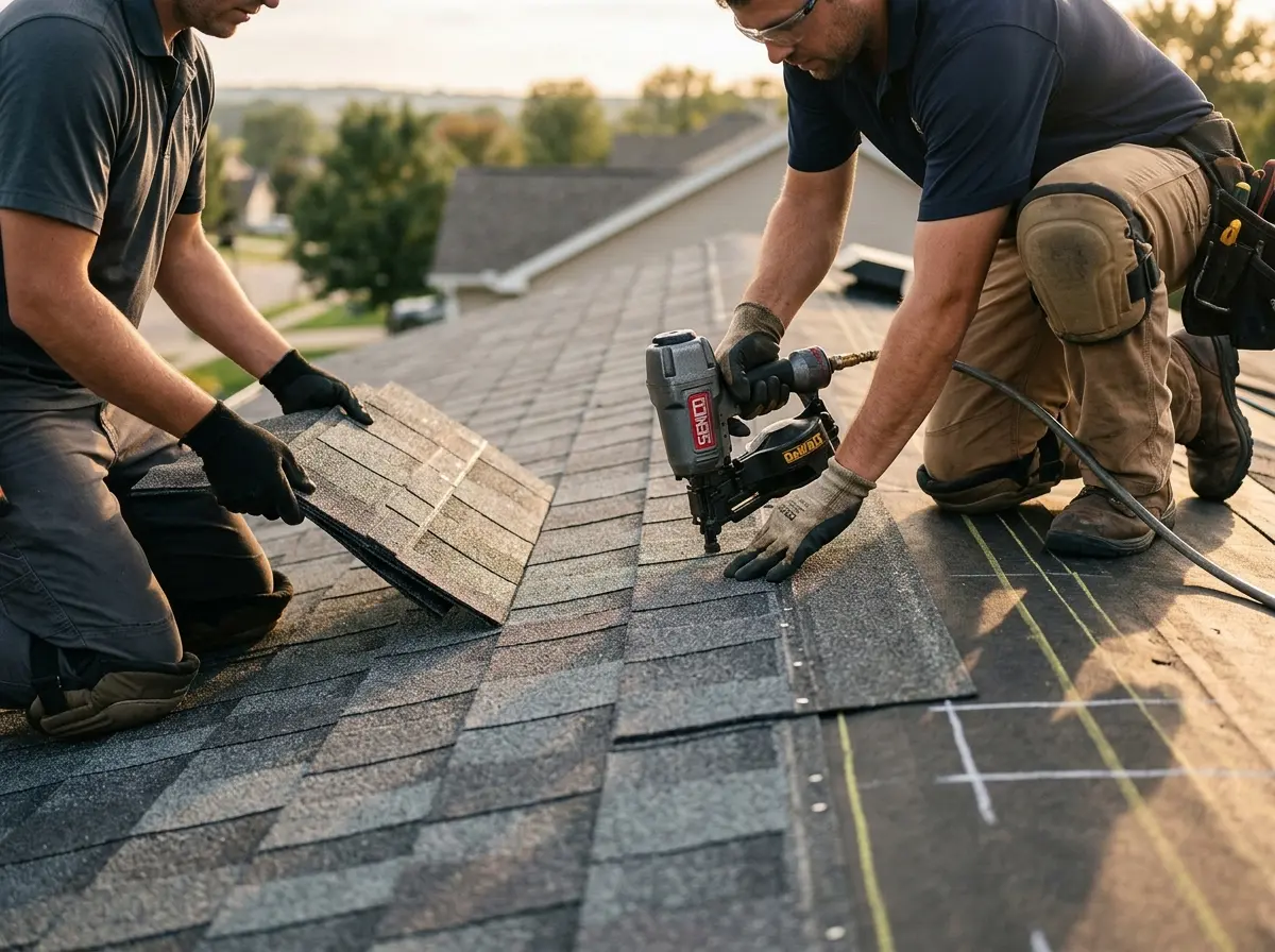 Professional roofer working on a residential roof in North Reading